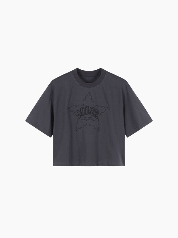 T-shirt cropped grigio melange con ricamo - sisley k  t shirt manica corta | Sisley K