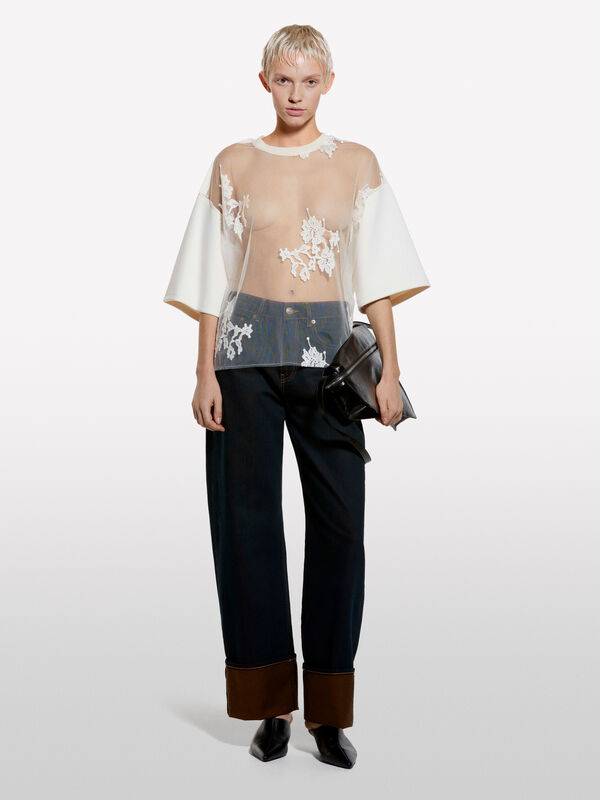 T-shirt bianco panna in pizzo  - t-shirt a manica corta da donna | Sisley