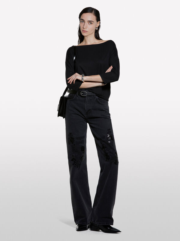 T-shirt nera con scollo a barca - t-shirt a manica lunga da donna | Sisley