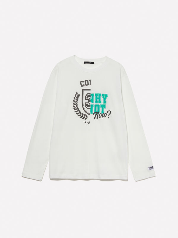 T-shirt bianca color block con stampa - t-shirt manica lunga da bambino | Sisley Young