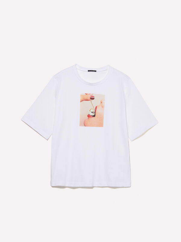T-shirt bianca boy fit 100% cotone bio con stampa - t-shirt a manica corta da donna | Sisley
