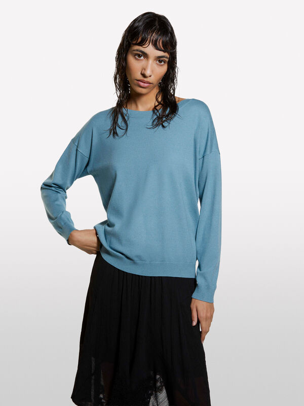 Maglia blu polveroso con scollo a barca - maglie scollo a barchetta da donna | Sisley