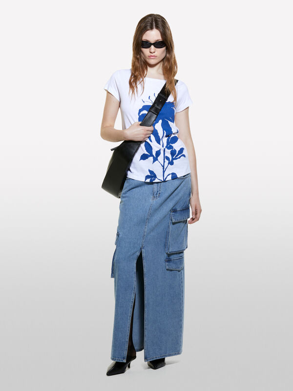 T-shirt bianca 100% cotone bio con stampa palma - t-shirt a manica corta da donna | Sisley