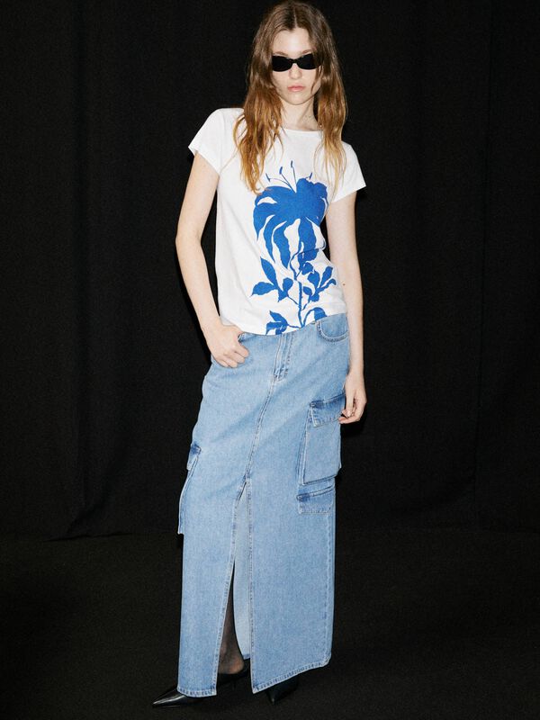 T-shirt bianca 100% cotone bio con stampa palma - t-shirt a manica corta da donna | Sisley