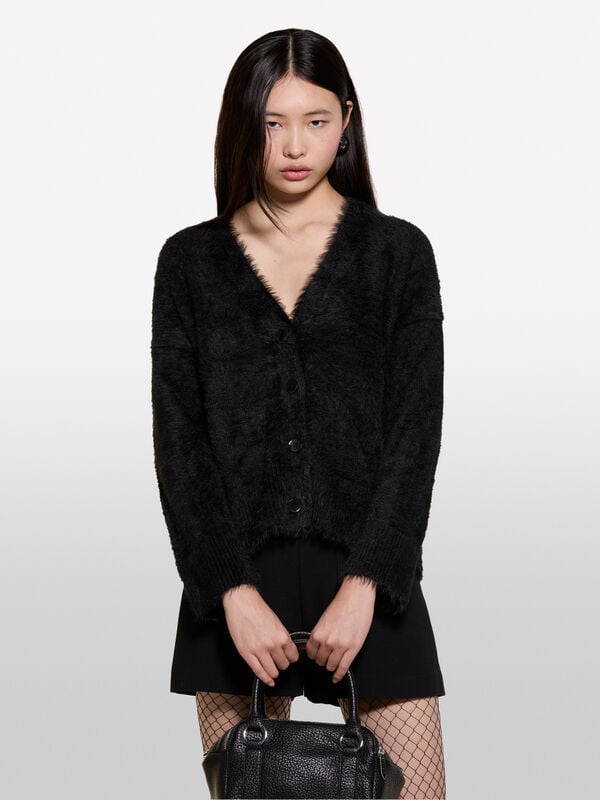 Cardigan nero effetto pelliccetta - cardigan da donna | Sisley