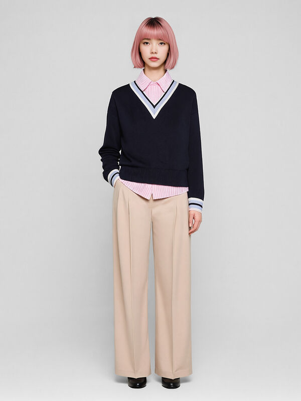 Maglia blu scuro con scollo a contrasto  - sisley k maglie scollo a v | Sisley K