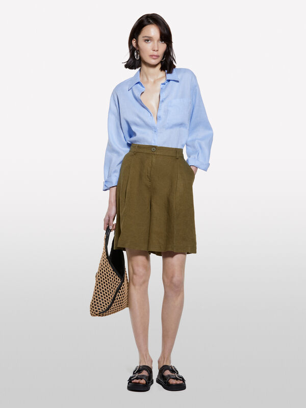 Bermuda verde militare in 100% lino - pantaloni shorts da donna | Sisley