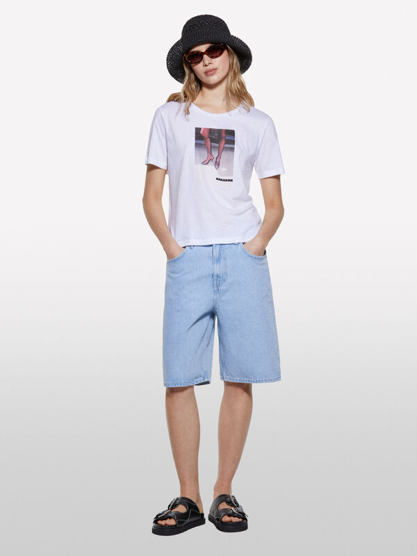 T-shirt bianca con stampa fotografica - t-shirt a manica corta da donna | Sisley