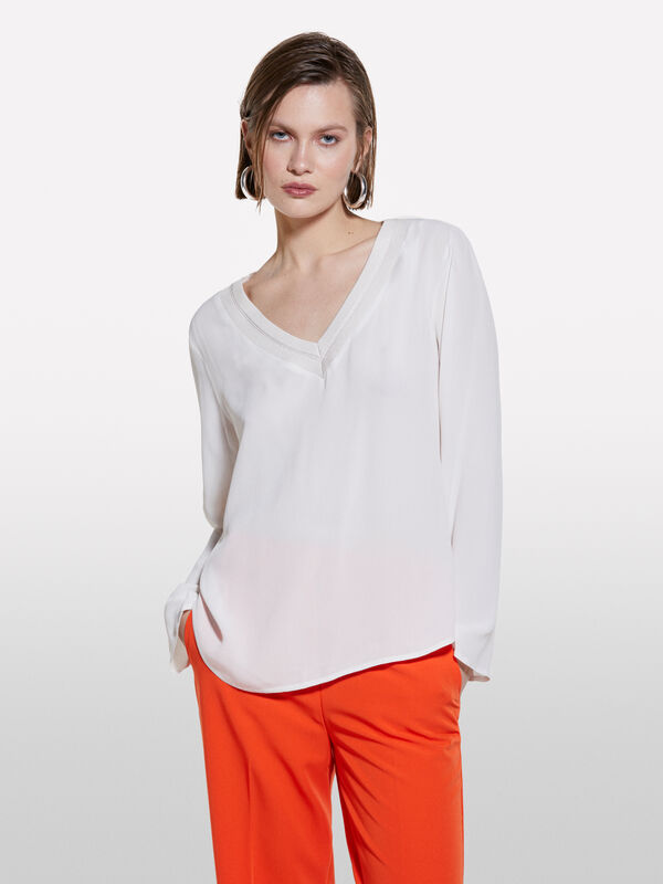 Blusa bianco panna con scollo a contrasto - bluse da donna | Sisley