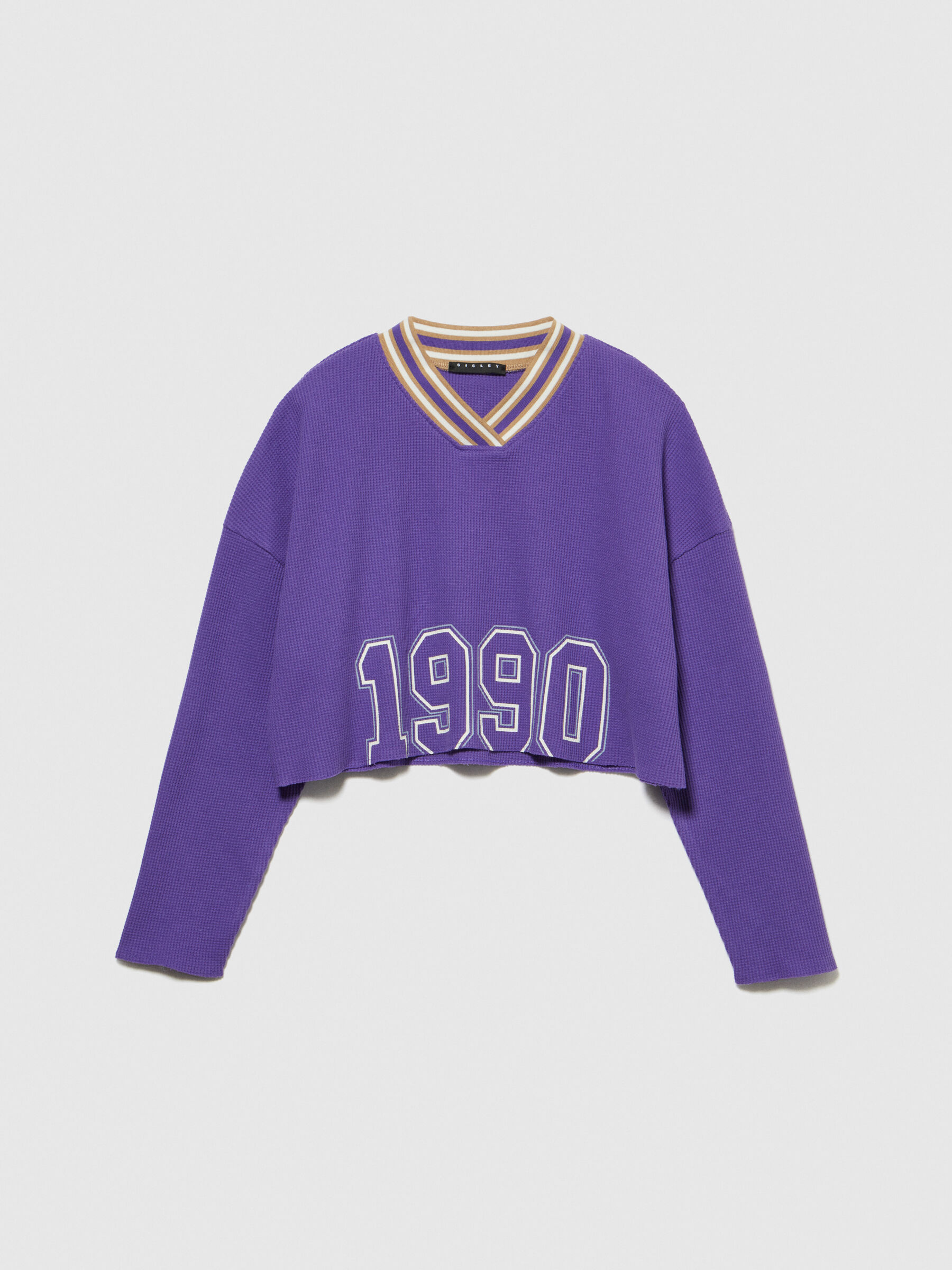 T shirt con collo rigato e stampa Viola Bambina Sisley