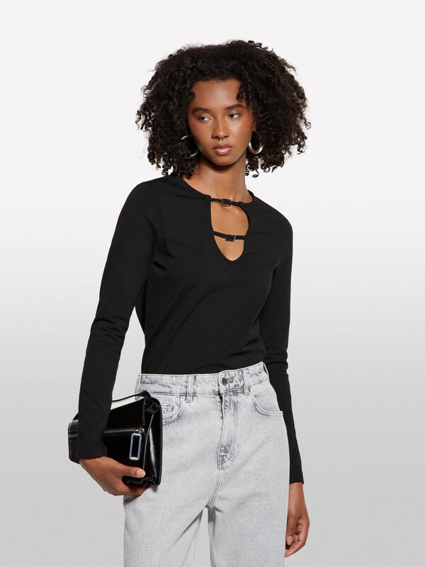 Maglietta nera con cut-out - t-shirt a manica lunga da donna | Sisley