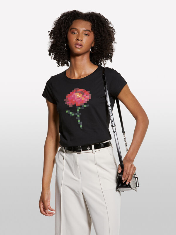 T-shirt nera con stampa fiore - t-shirt a manica corta da donna | Sisley