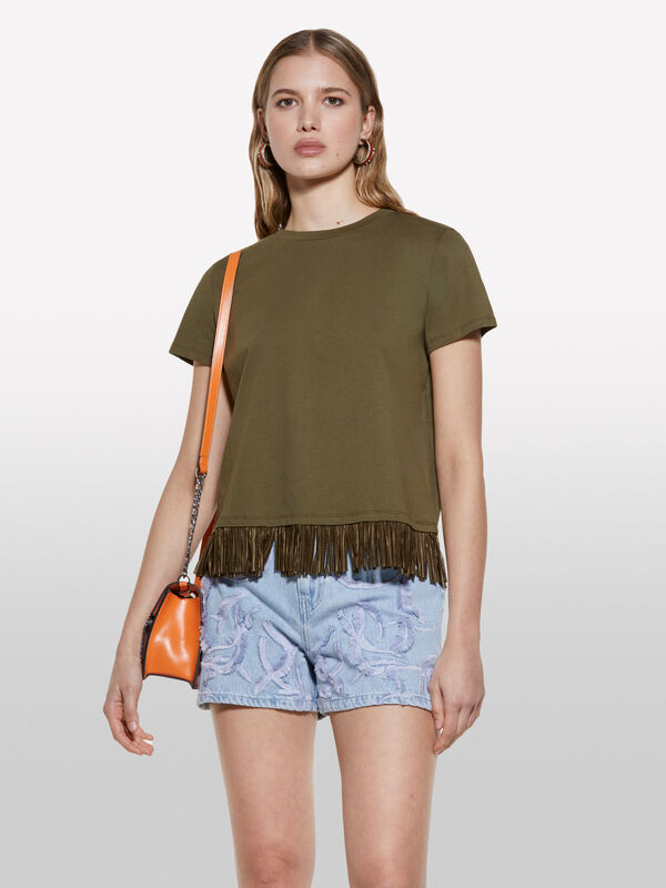 T-shirt verde militare con frange sul fondo - t-shirt a manica corta da donna | Sisley