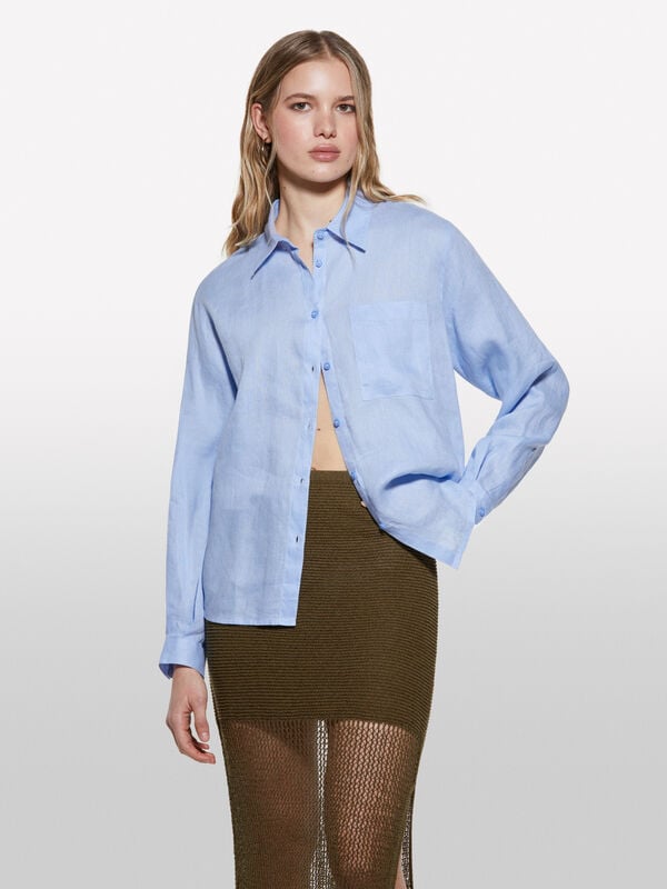 Camicia azzurra in 100% lino - camicie da donna | Sisley