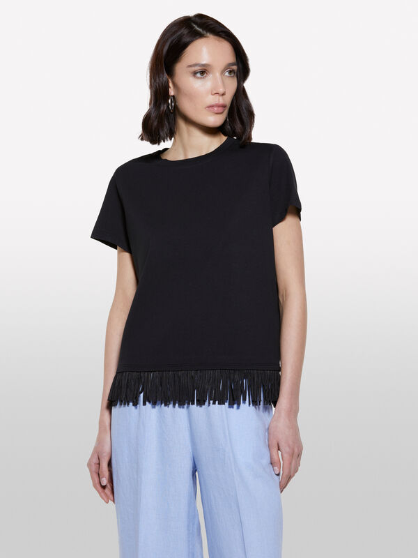 T-shirt nera con frange sul fondo - t-shirt a manica corta da donna | Sisley