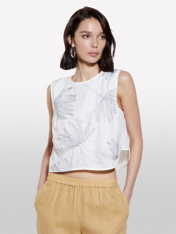 Top bianco con ricamo foliage  - top da donna | Sisley