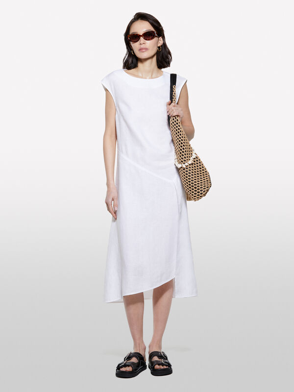 Vestito bianco in 100% lino - vestiti midi da donna | Sisley