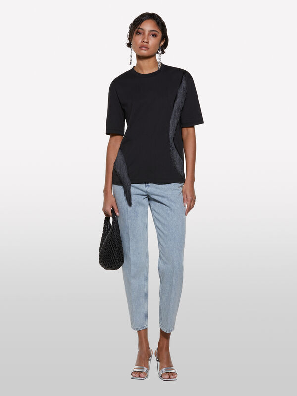 T-shirt nera con frange T-shirt nera con frange - t-shirt a manica corta da donna | Sisley