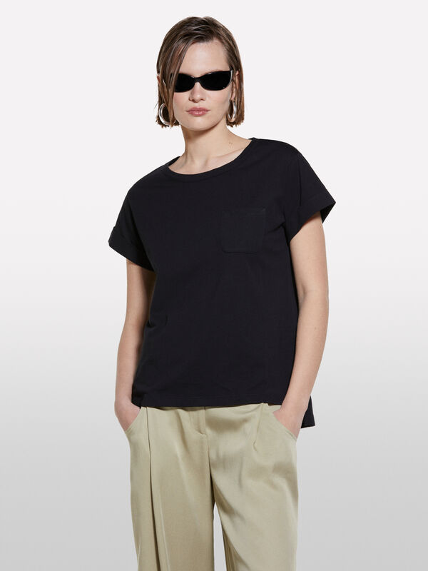 T-shirt nera con taschino - t-shirt a manica corta da donna | Sisley