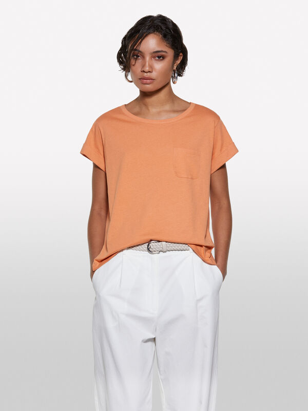T-shirt arancione con taschino - t-shirt a manica corta da donna | Sisley