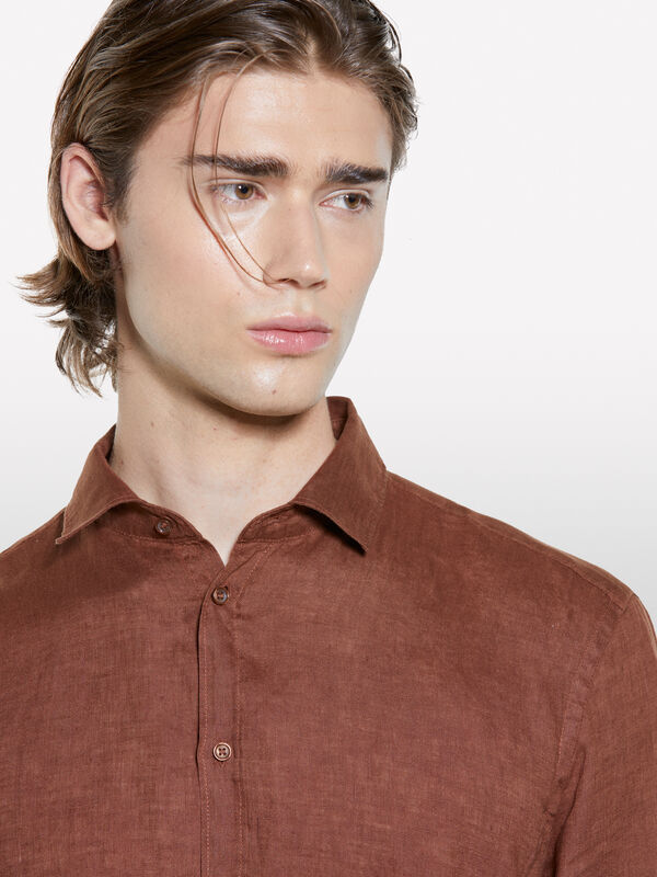 Camicia marrone scuro 100% lino - camicie regular da uomo | Sisley