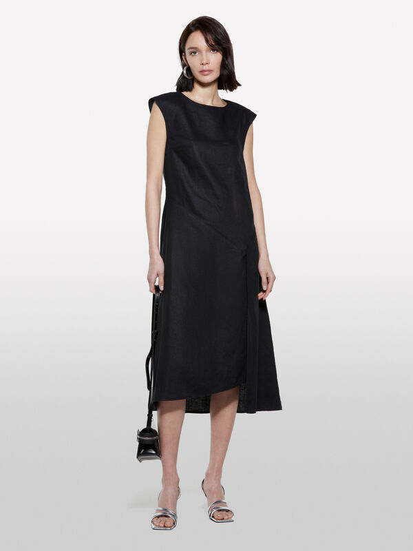 Vestito nero in 100% lino - vestiti midi da donna | Sisley