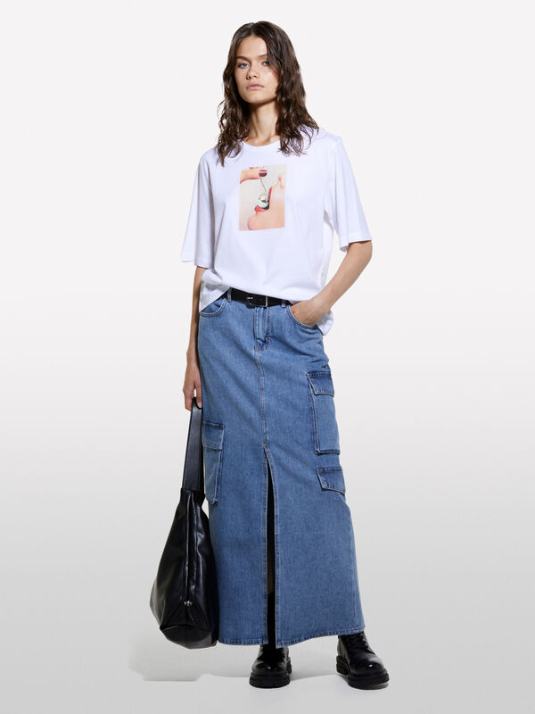 T-shirt bianca boy fit 100% cotone bio con stampa - t-shirt a manica corta da donna | Sisley