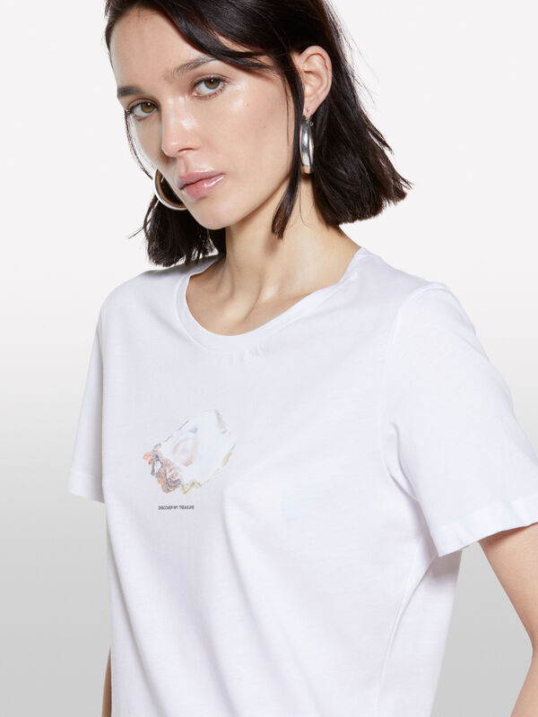 T-shirt bianca con stampa conchiglia - t-shirt a manica corta da donna | Sisley