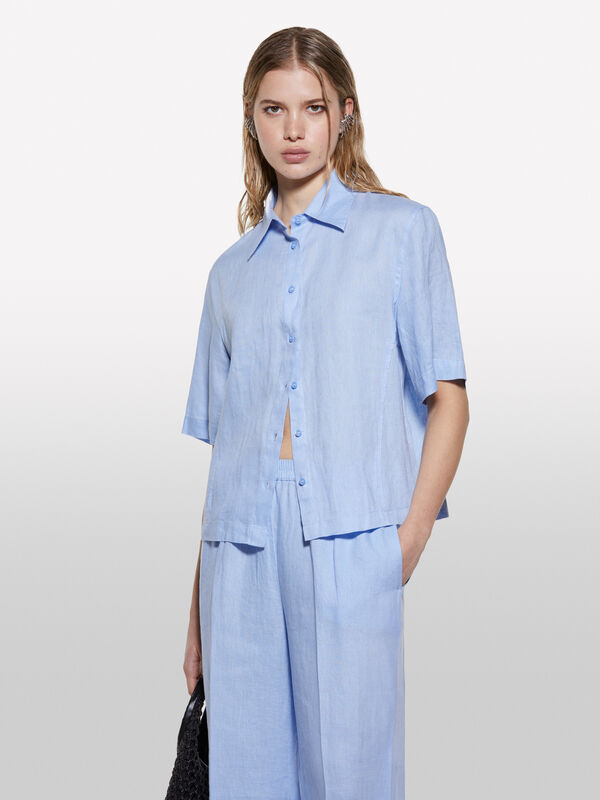 Camicia azzurra a maniche corte in 100% lino  - camicie da donna | Sisley