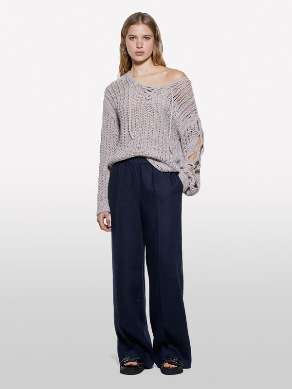 Pantaloni blu scuro flare fit in 100% lino - pantaloni palazzo da donna | Sisley
