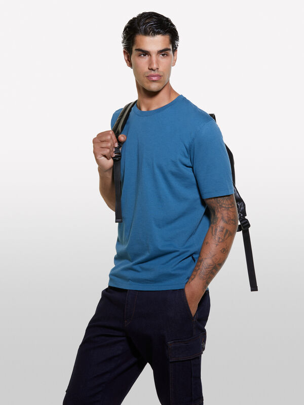 T-shirt blu girocollo 100% cotone bio - t-shirt a manica corta da uomo | Sisley