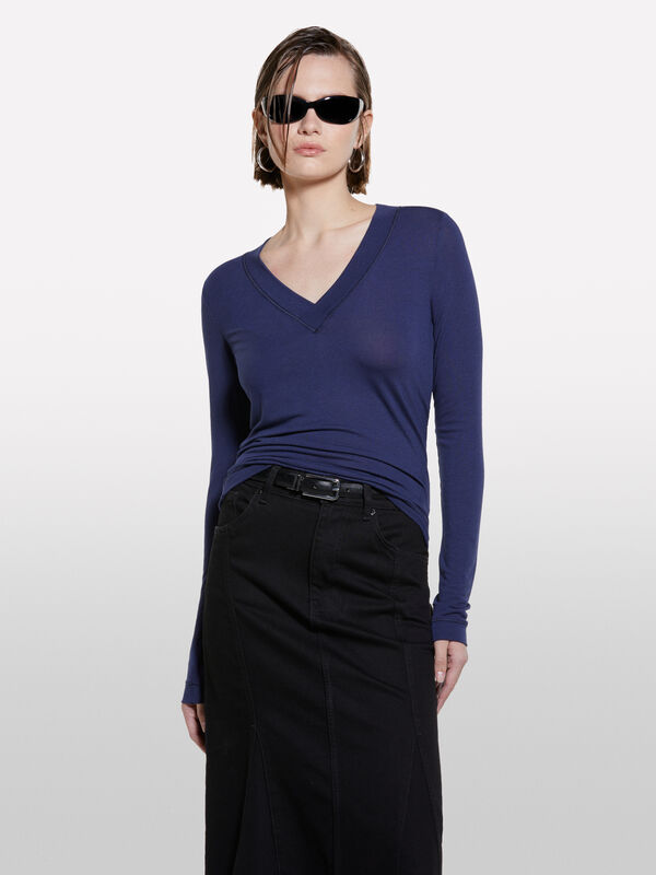 T-shirt slim fit blu scuro a maniche lunghe - t-shirt a manica lunga da donna | Sisley