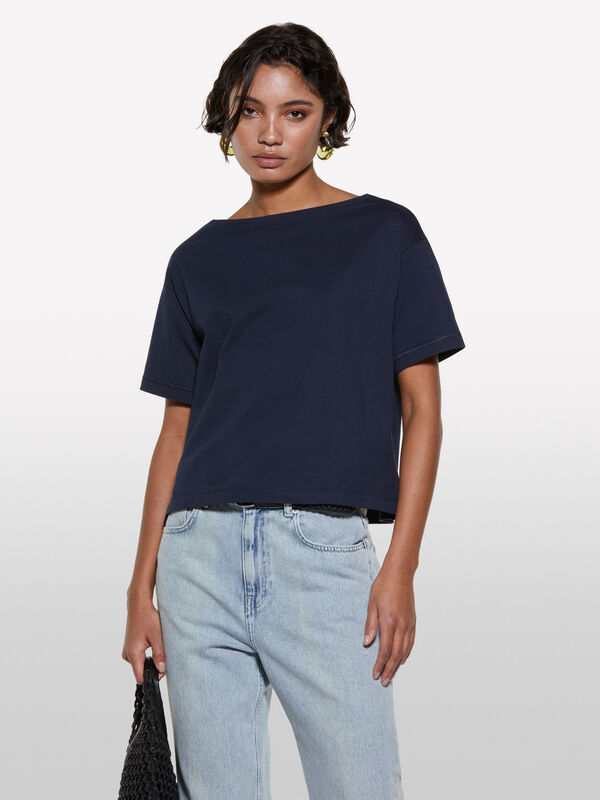 T-shirt cropped blu scuro boxy fit - t-shirt a manica corta da donna | Sisley