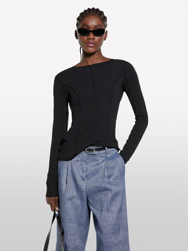 T-shirt nera con cuciture - t-shirt a manica lunga da donna | Sisley