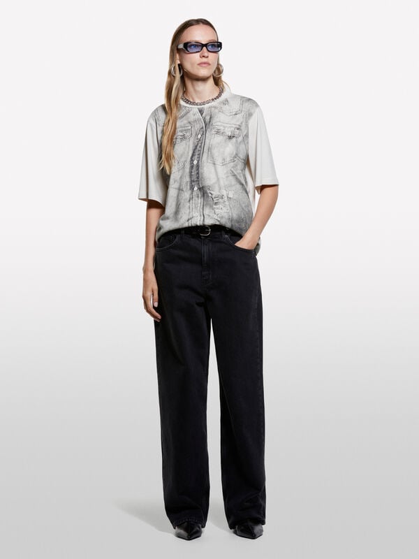 T-shirt tortora con stampa effetto denim T-shirt tortora con stampa effetto denim - t-shirt a manica corta da donna | Sisley