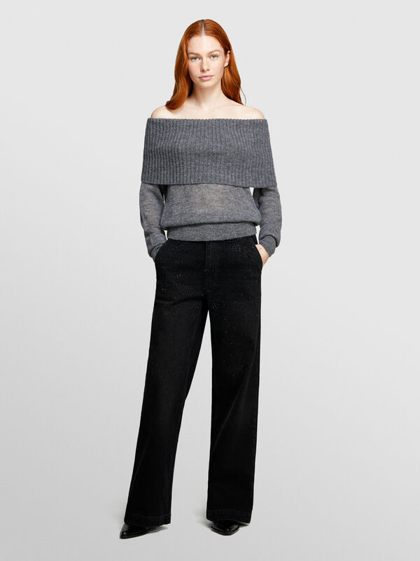 Maglia grigio scuro off shoulder - maglie scollo a barchetta da donna | Sisley