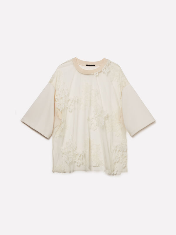 T-shirt bianco panna in pizzo  - t-shirt a manica corta da donna | Sisley