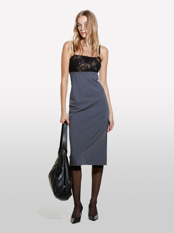 Vestito bustier grigio con tulle - vestiti midi da donna | Sisley