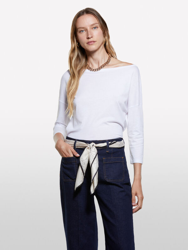 T-shirt bianca con scollo a barca - t-shirt a manica lunga da donna | Sisley