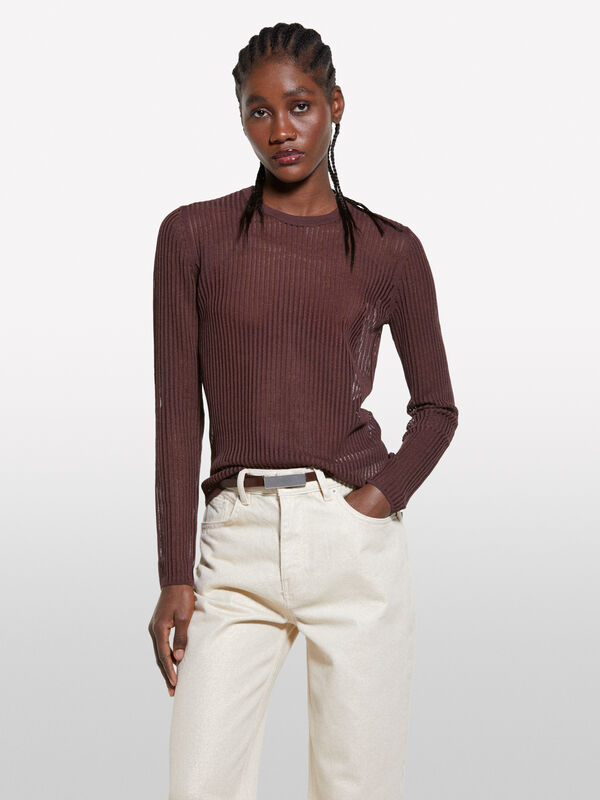 Maglia marrone semi trasparente - maglie girocollo da donna | Sisley