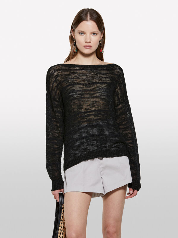 Maglia nera a righe con lurex - maglie scollo a barchetta da donna | Sisley