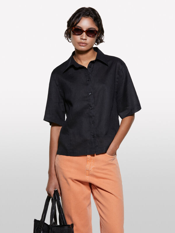 Camicia nera a maniche corte in 100% lino  - camicie da donna | Sisley