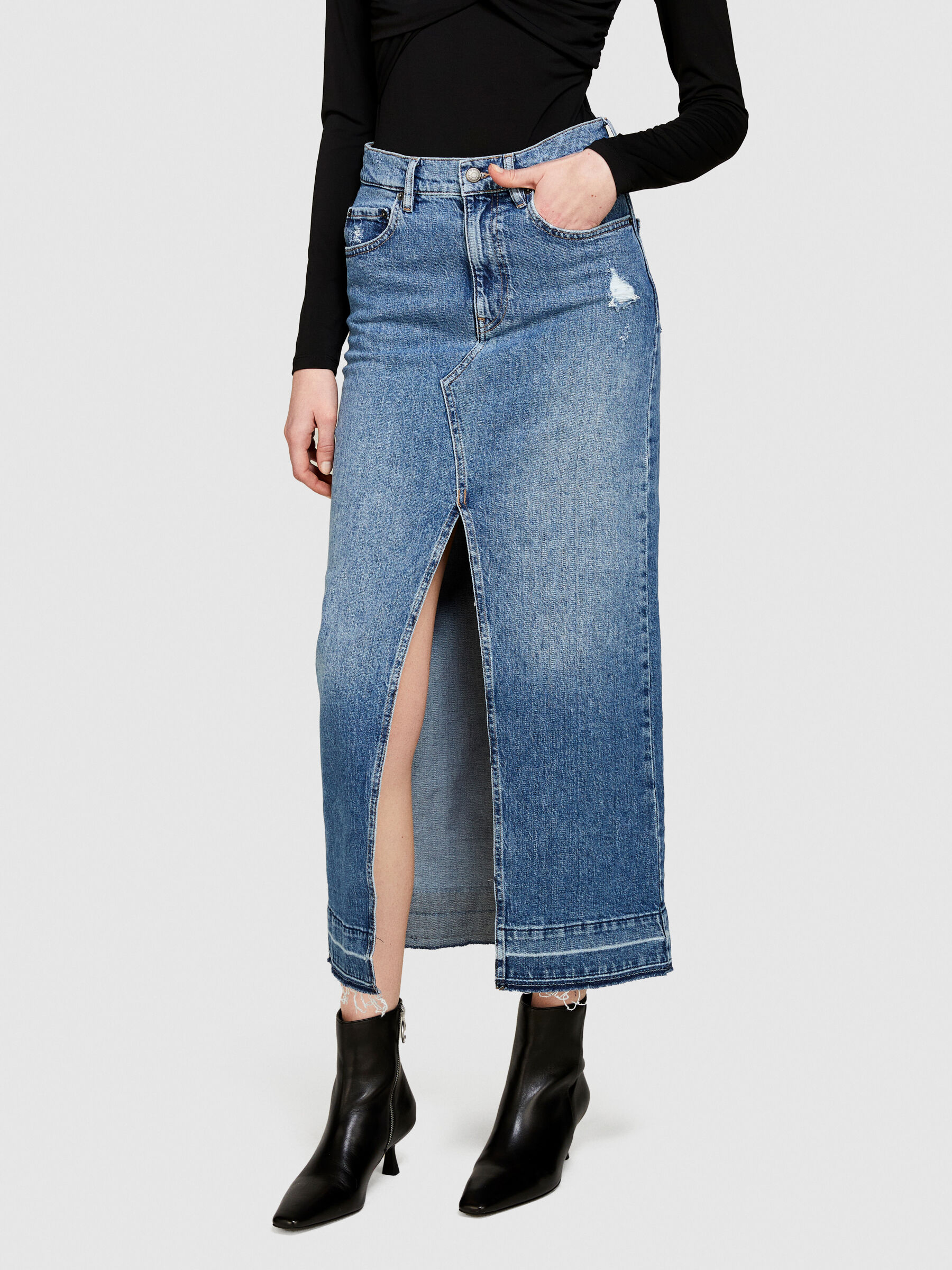 Gonna di jeans con spacco Blu Donna Sisley