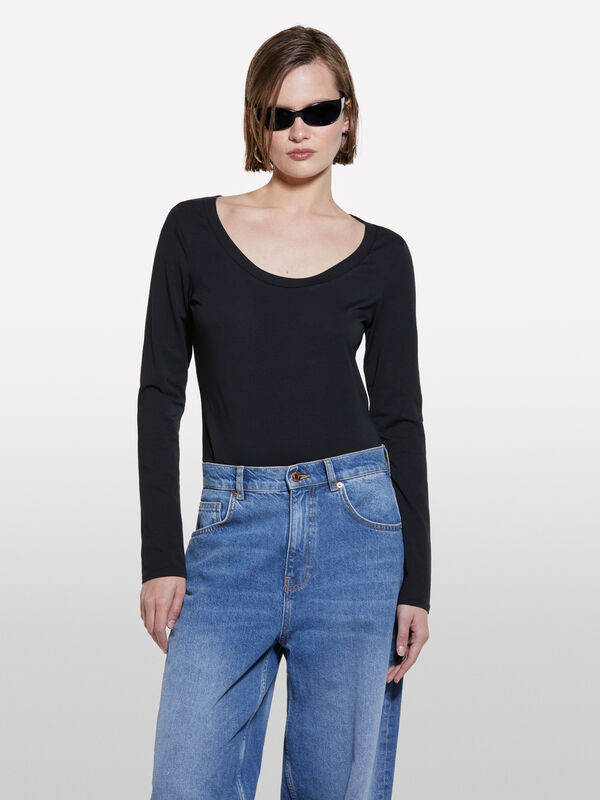 T-shirt slim fit nera - t-shirt a manica lunga da donna | Sisley
