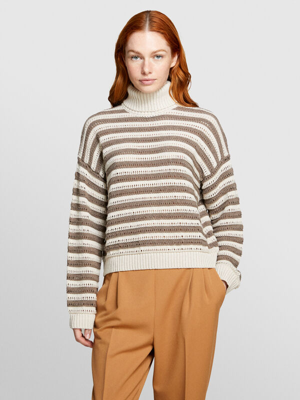 Maglia rigata beige e marrone - maglie collo alto da donna | Sisley