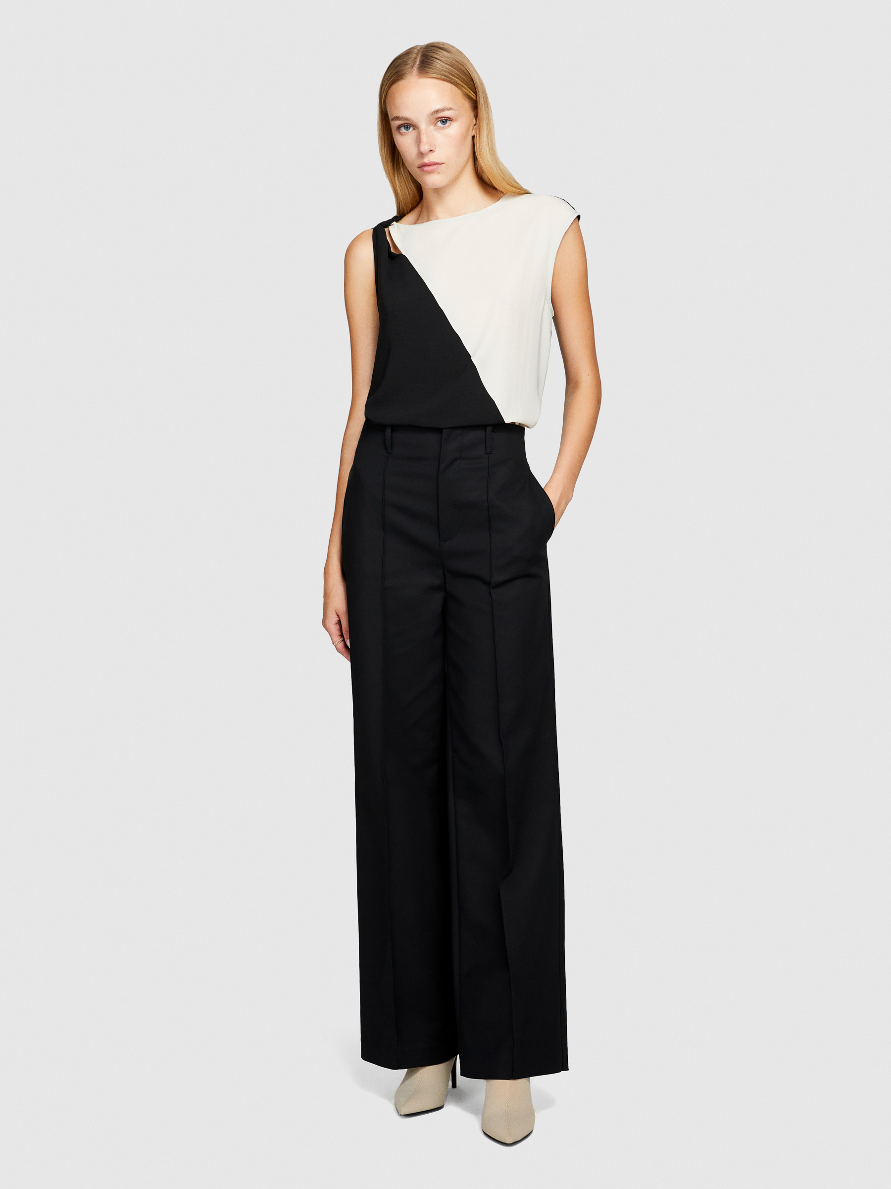 Sisley - High-waisted Satin Trousers, Woman, Black, Size: 42