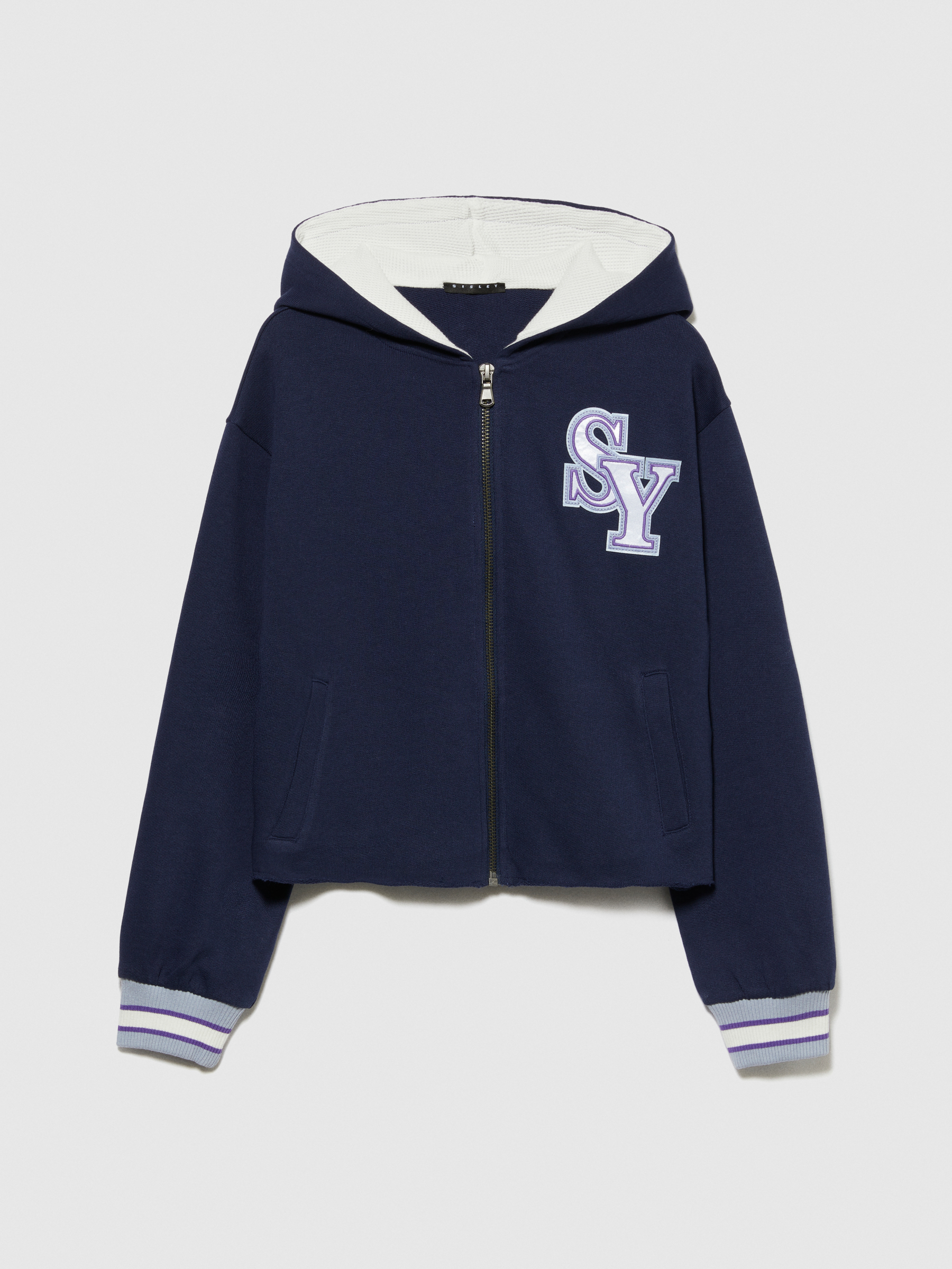 Sisley Young - Cropped Hoodie With Embroidery, Woman, Dark Blue, Size: L