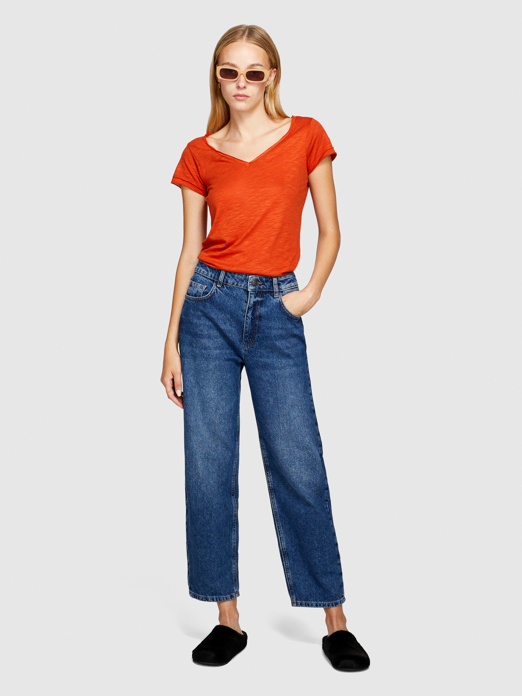 Sisley - V-neck T-shirt With Raw Cut, Woman, Orange, Size: XS