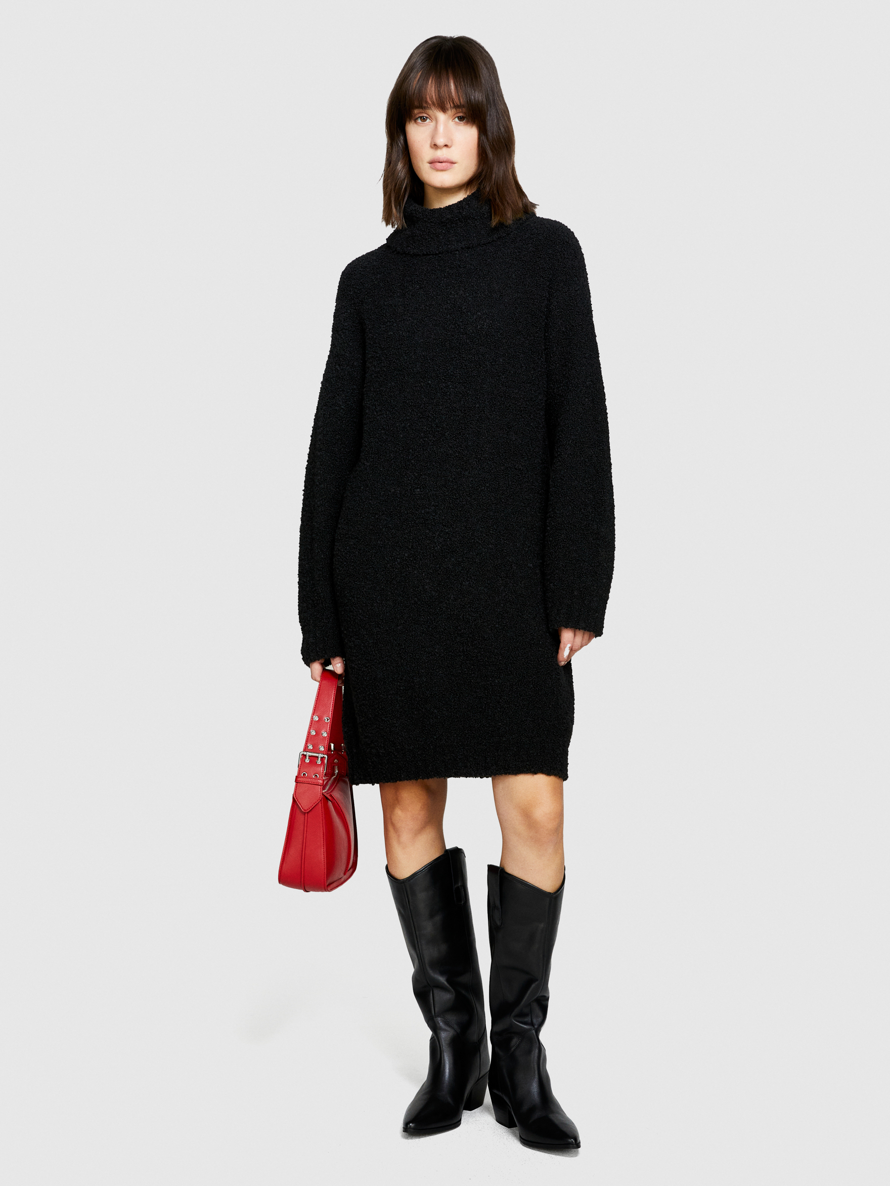 Sisley - Teddy Look Sweater Dress, Woman, Black, Size: L