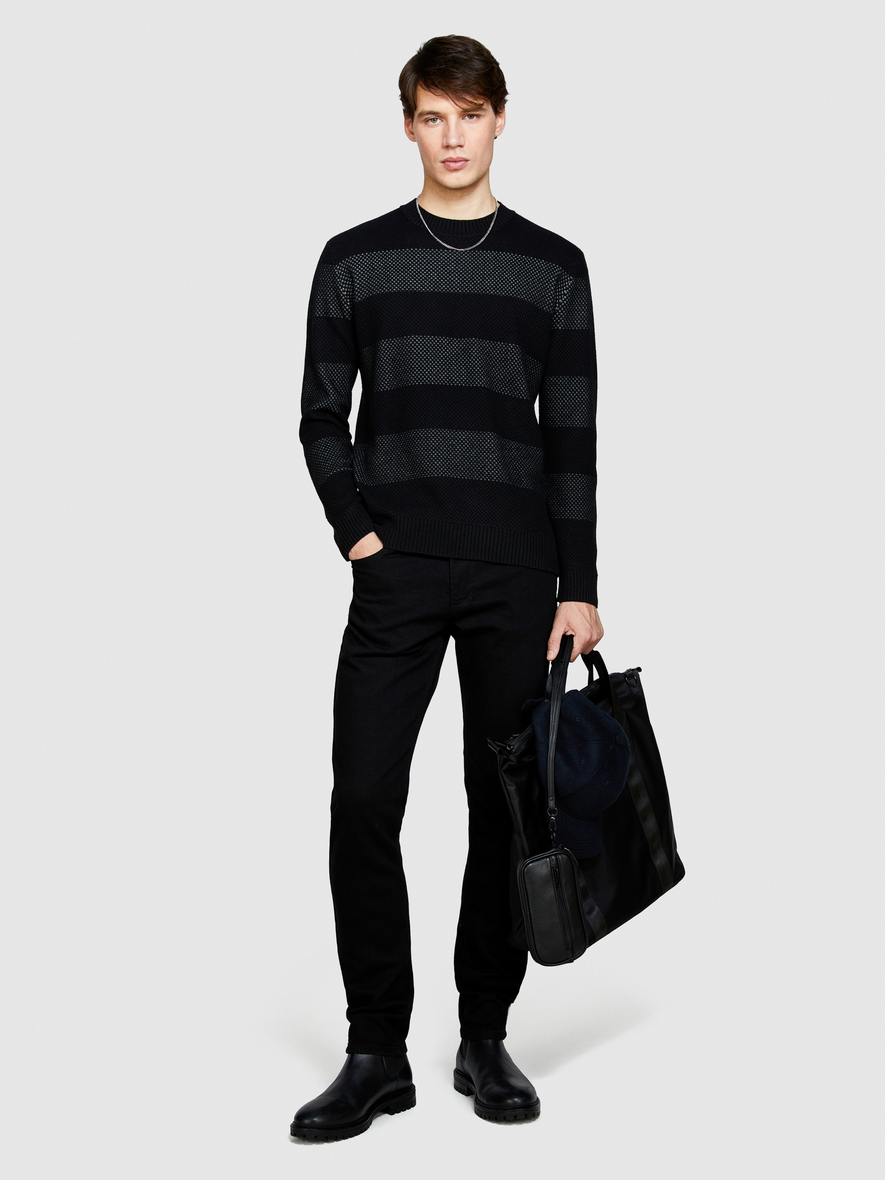 Sisley - Striped Sweater, Man, Black, Size: L